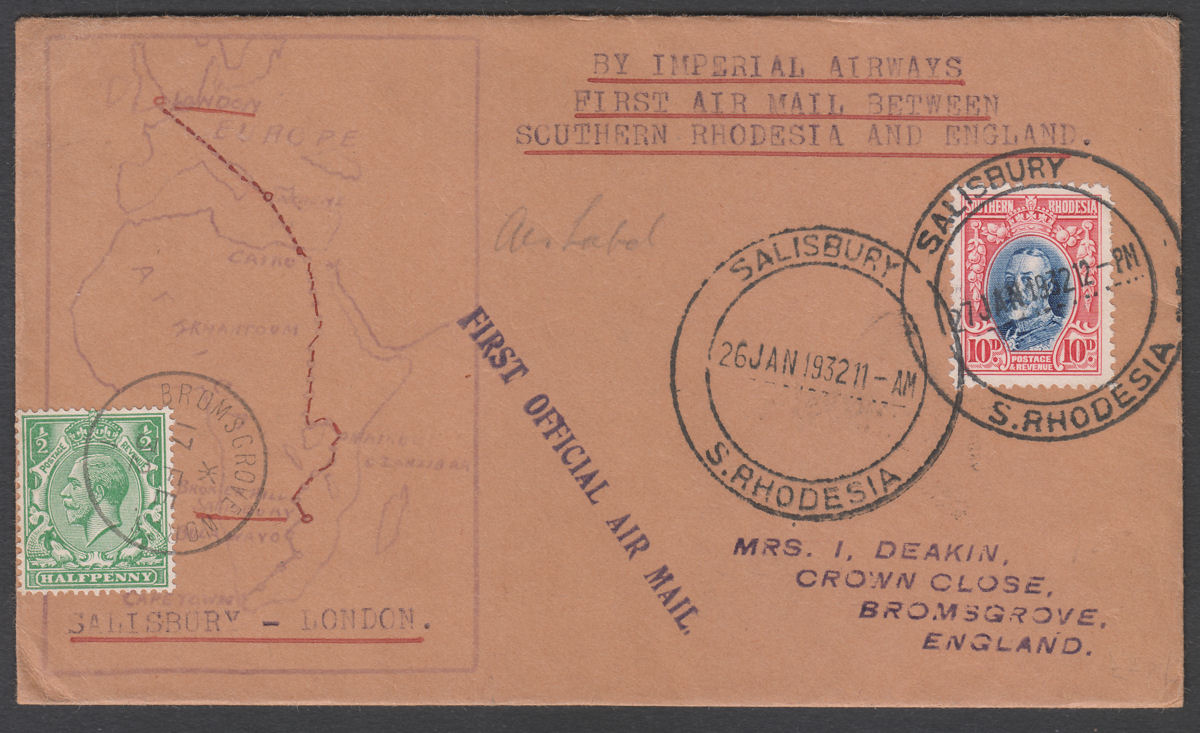 Southern Rhodesia 1932 KGV 10d + GB ½d Illust First Flight Cover Used SALISBURY
