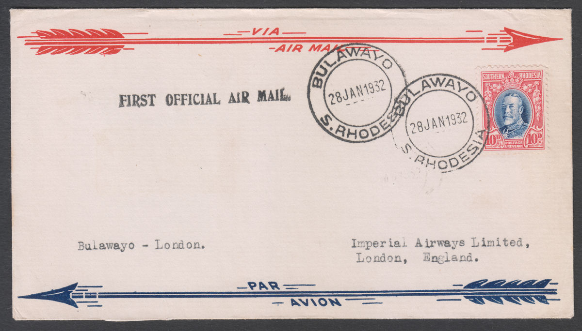 Southern Rhodesia 1932 KGV 10d Used on Airmail First Flight Cover BULAWAYO - UK