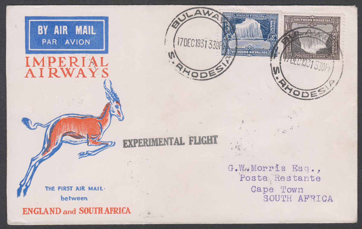Southern Rhodesia 1931 KGV 3d+2d Commem Experim First Flight Cover Used BULAWAYO