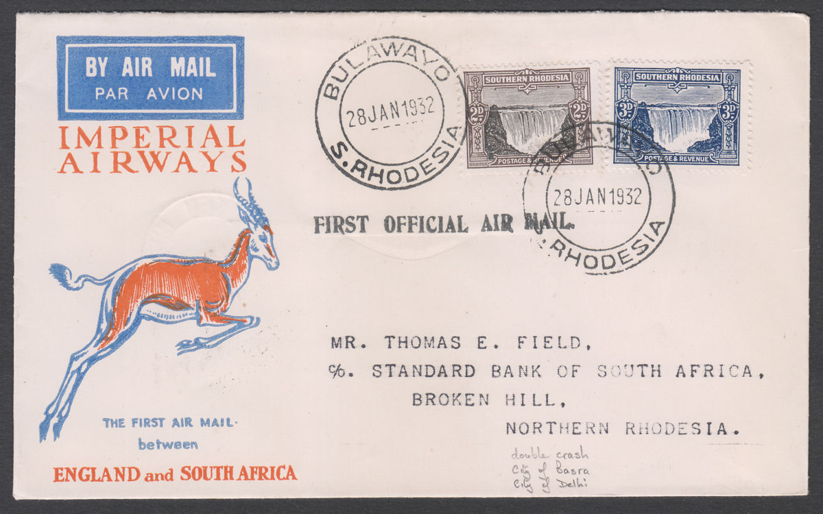 Southern Rhodesia 1932 KGV 3d+2d First Flight Cover Used BULAWAYO - Broken Hill