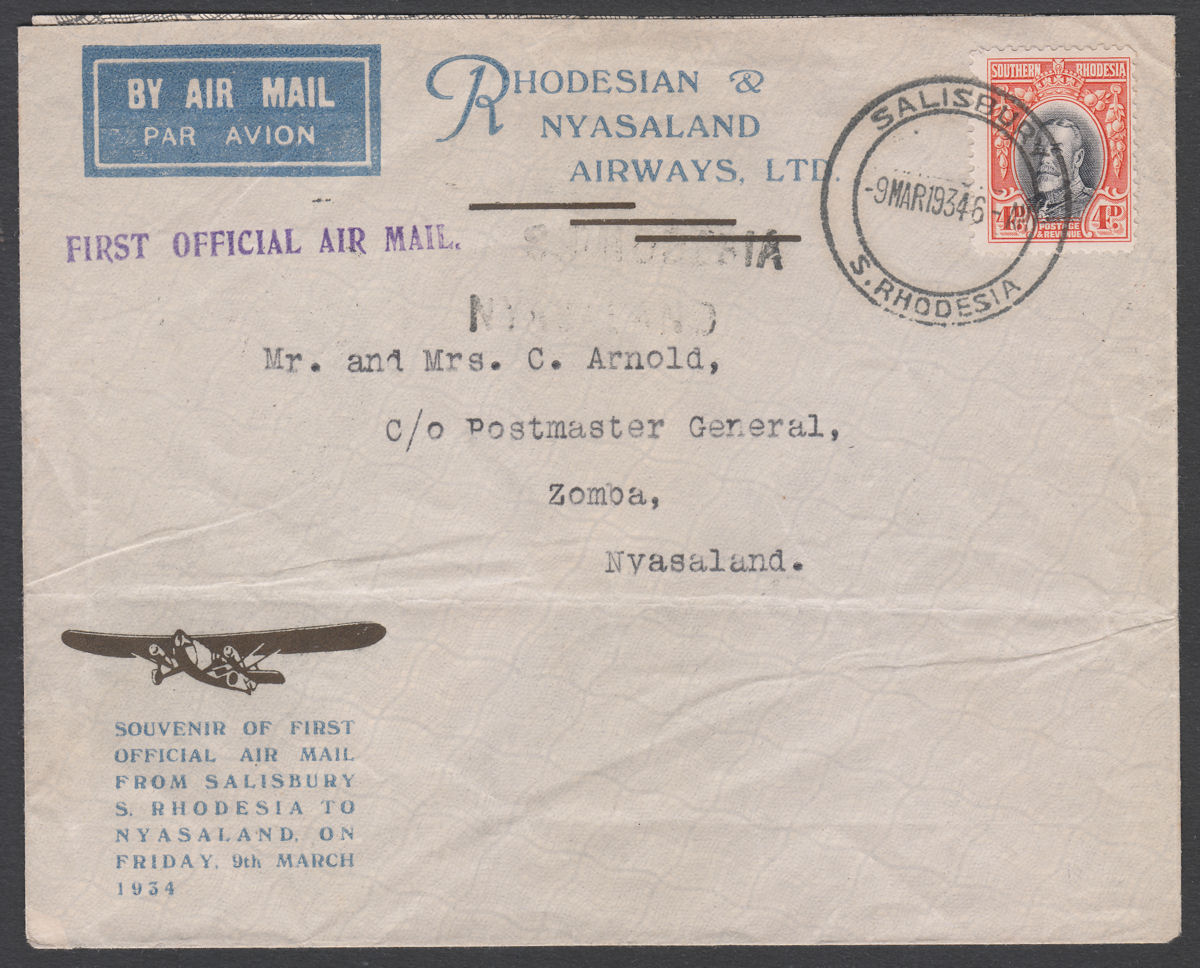 Southern Rhodesia 1934 KGV 4d First Flight Cover Used SALISBURY to Zomba