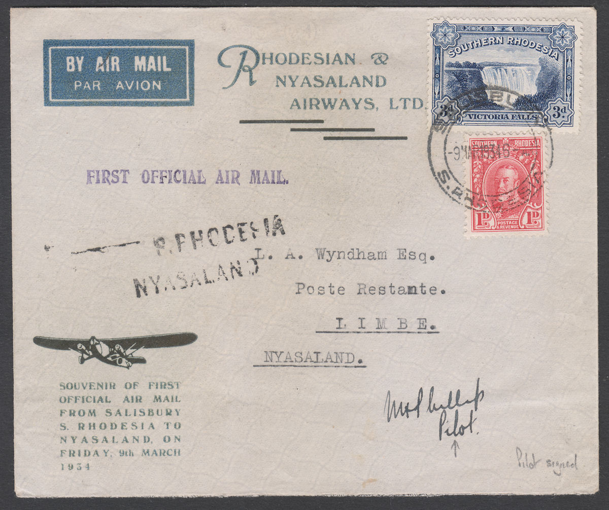 Southern Rhodesia 1934 KGV 3d+1d Signed First Flight Cover Used SALISBURY Limbe