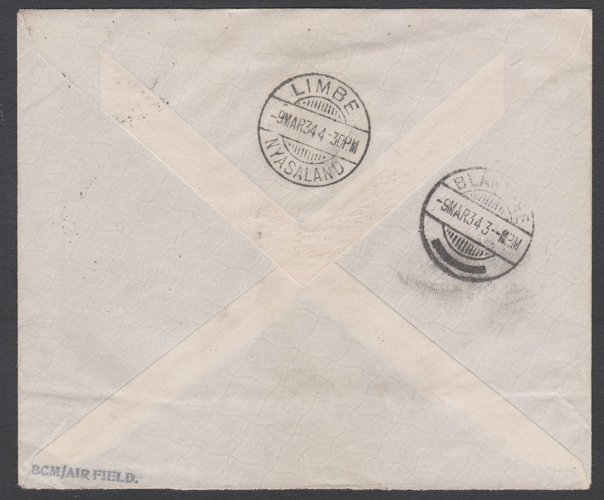 Southern Rhodesia 1934 KGV 3d+1d Signed First Flight Cover Used SALISBURY Limbe