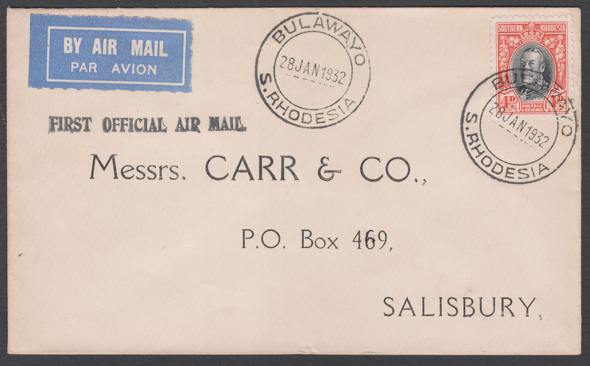 Southern Rhodesia 1932 KGV 4d Used on First Official Airmail Cover BULAWAYO