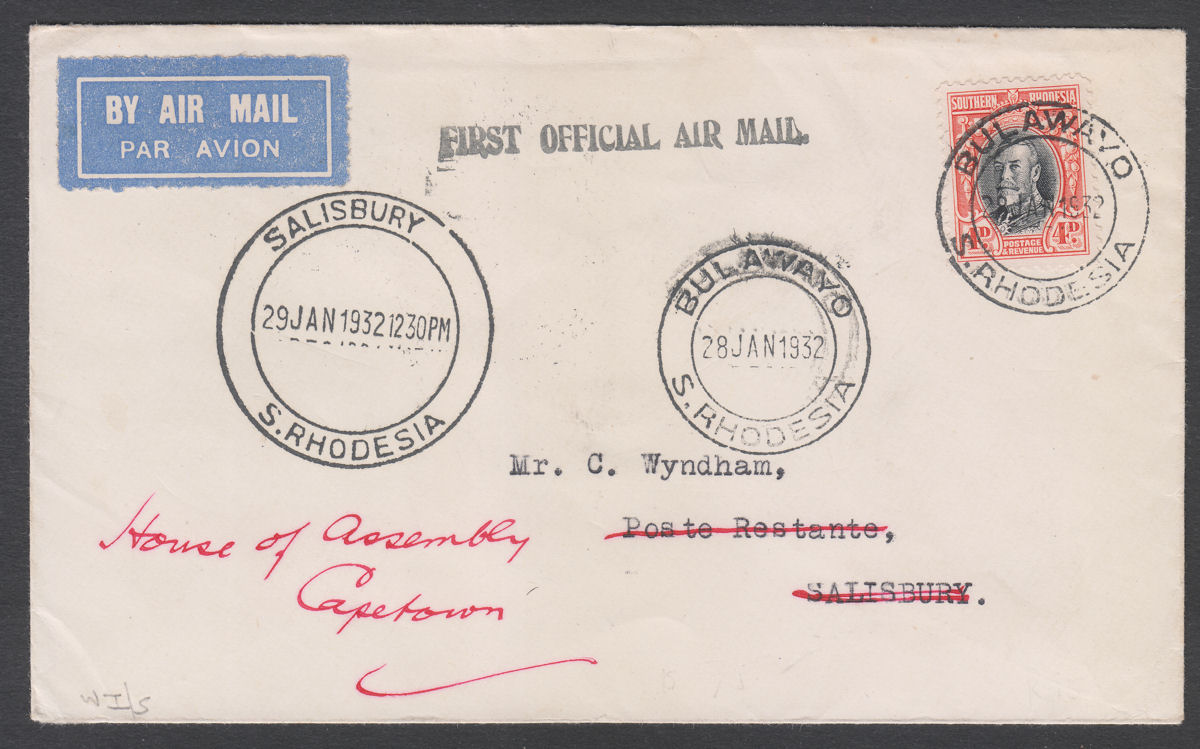 Southern Rhodesia 1932 KGV 4d First Official Airmail Cover BULAWAYO Salisbury