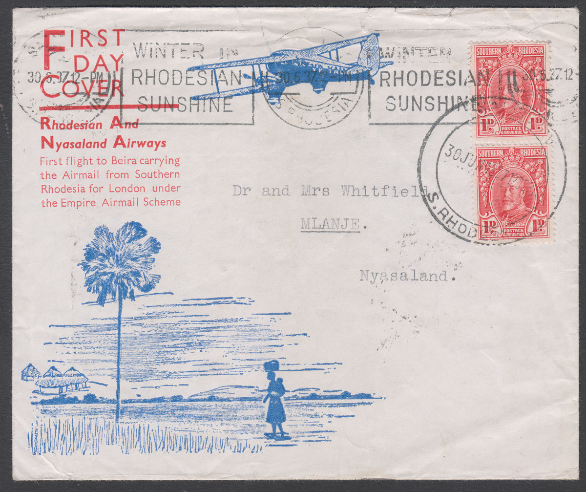 Southern Rhodesia 1937 KGV 1d x2 First Flight Beira Cover Used SALISBURY MLANJE