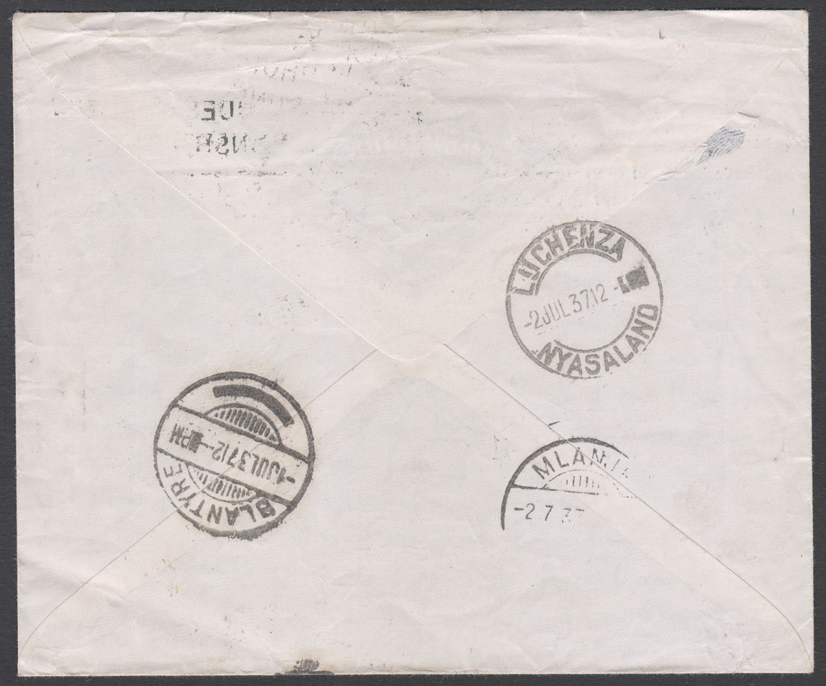 Southern Rhodesia 1937 KGV 1d x2 First Flight Beira Cover Used SALISBURY MLANJE