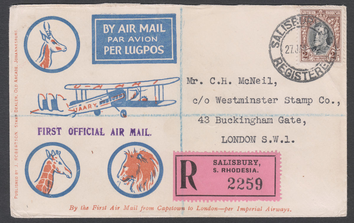 Southern Rhodesia 1932 KGV 2sh Commem Regd First Flight Cover Used SALISBURY