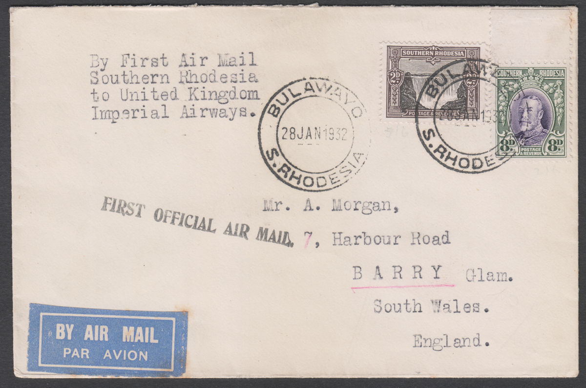 Southern Rhodesia 1932 KGV 8d + 2d Used on First Official Airmail Cover BULAWAYO