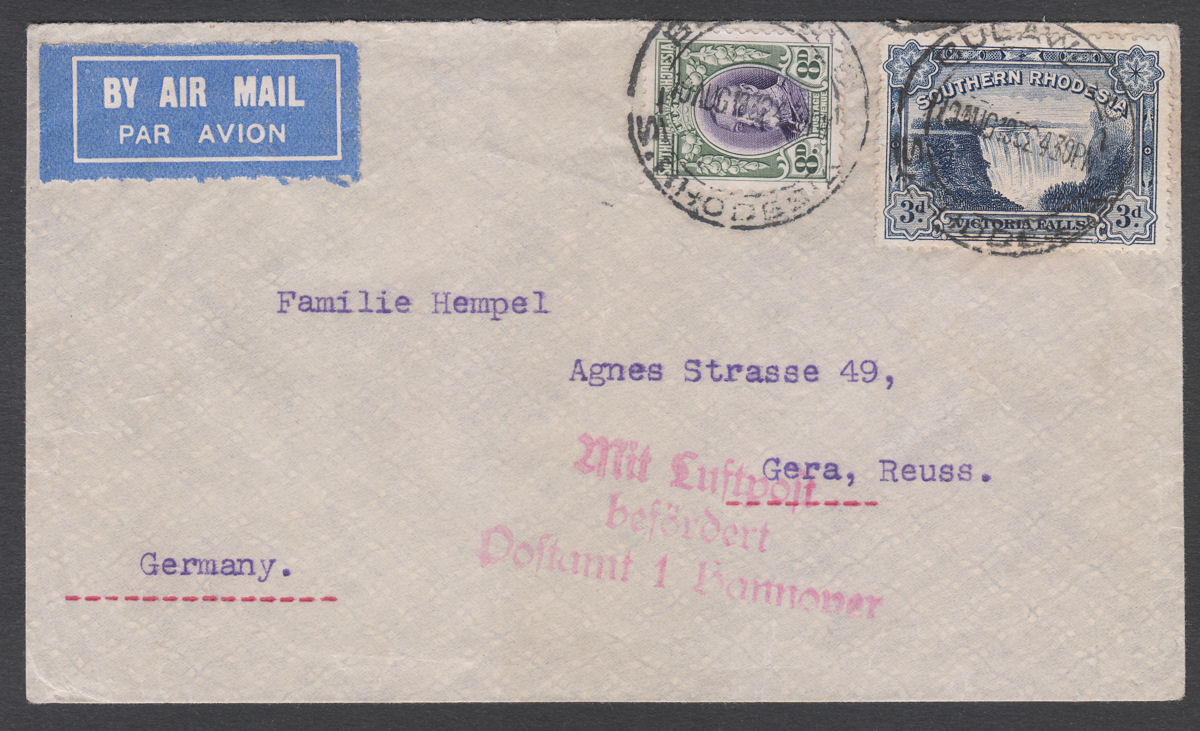 Southern Rhodesia 1932 KGV 8d + 3d Used on Airmail Cover BULAWAYO - Germany