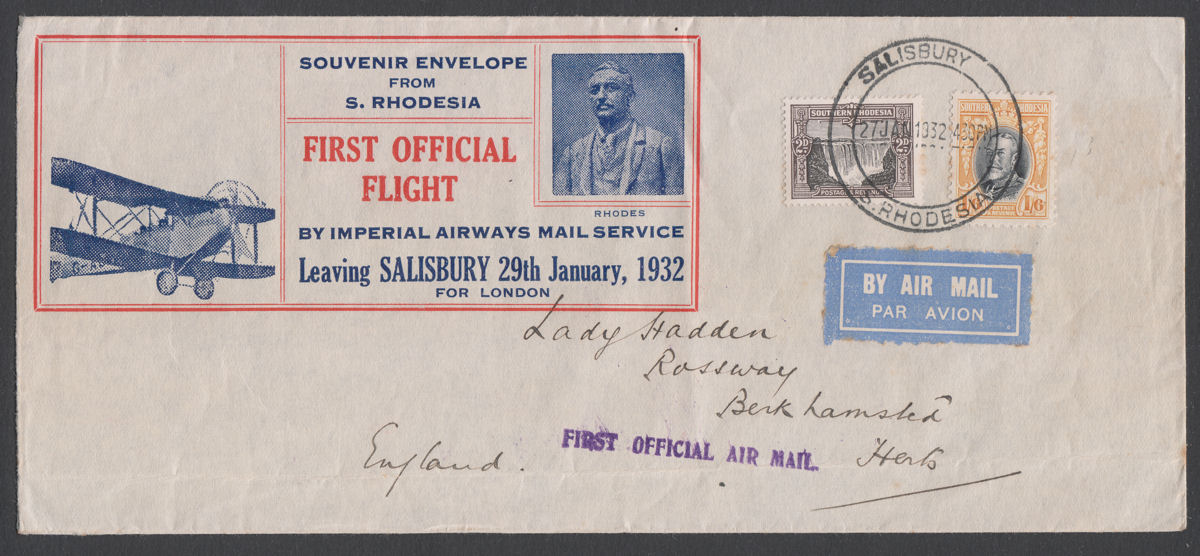 Southern Rhodesia 1932 KGV 1sh6d + 2d Commem First Flight Cover Used SALISBURY