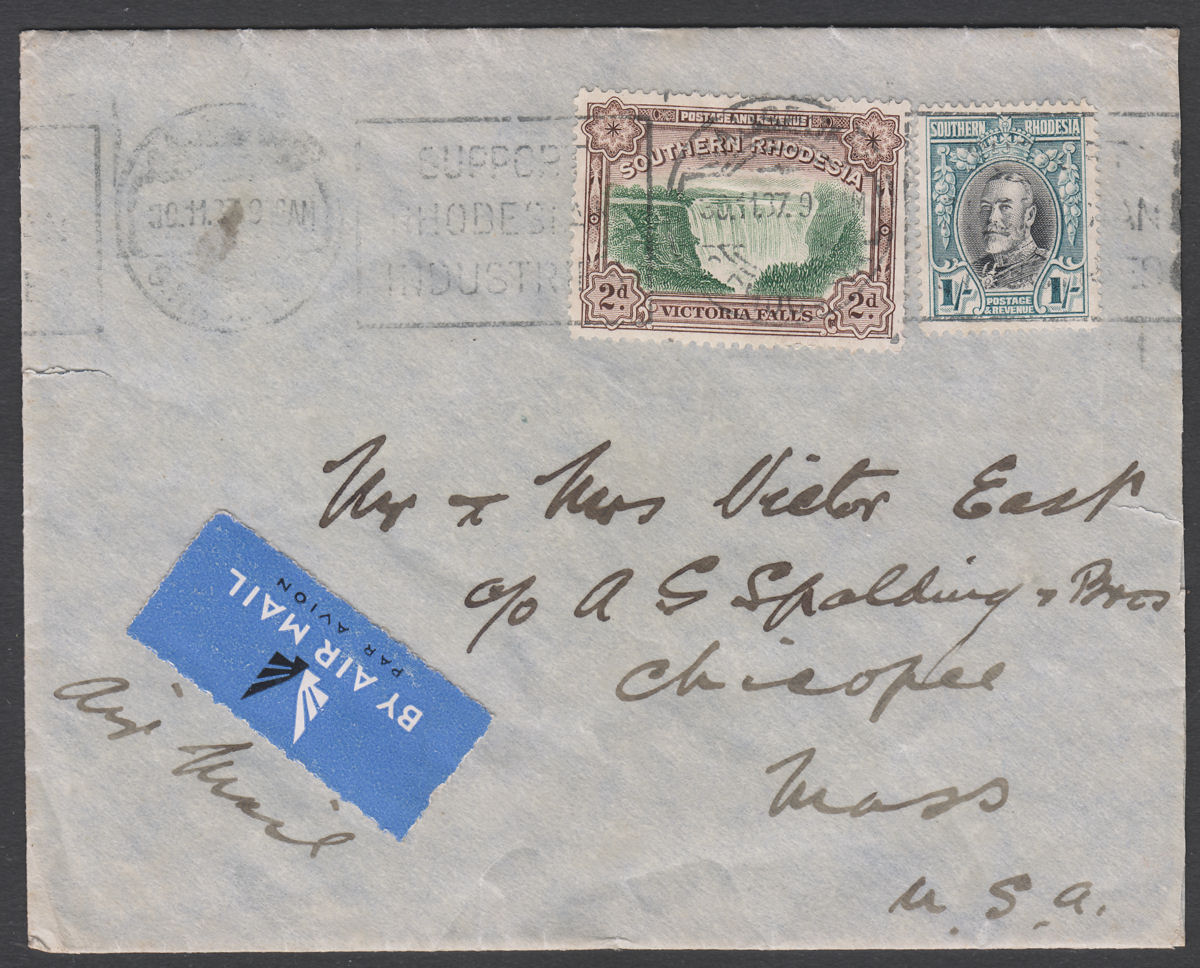 Southern Rhodesia 1937 KGV 1sh p14 + 2d Used Airmail Cover SG23b to USA cat £180