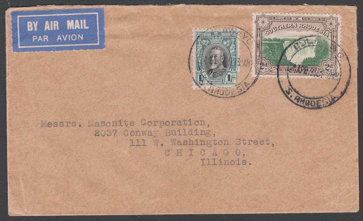 Southern Rhodesia 1935 KGV 1sh + 2d Used on Airmail Cover BULAWAYO to Chicago