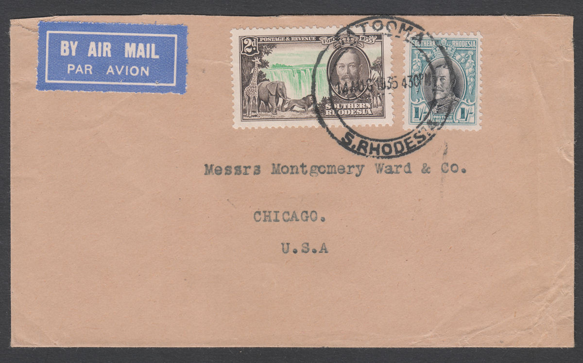Southern Rhodesia 1935 KGV 1sh p11½ + 2d Used on Airmail Cover SG23a GATOOMA