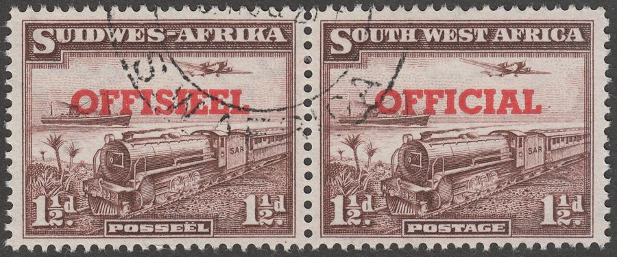 South West Africa 1951 KGVI 1½d Purple-Brown Official Pair Used SG O25