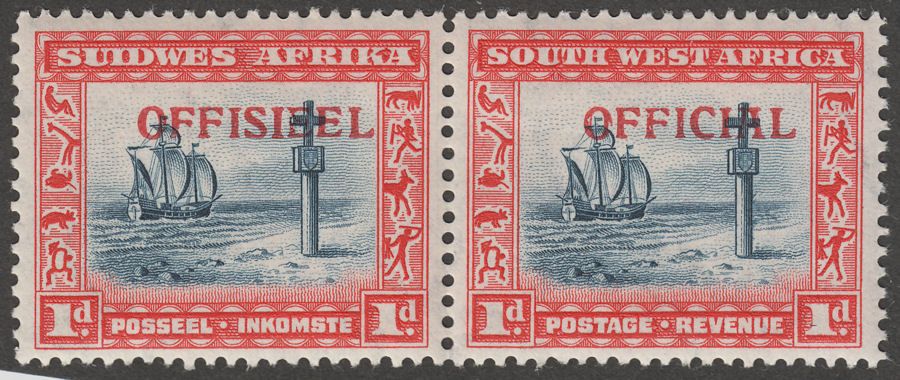 South West Africa 1950 KGVI 1d Indigo and Scarlet Official Pair Mint SG O19