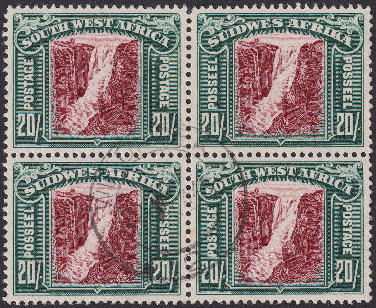 South West Africa 1931 KGVI Falls 20sh Lake + Blue-Green Block Used SG85 c£180