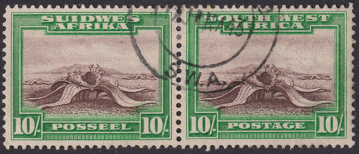 South West Africa 1931 KGV 10sh Red-Brown + Emerald Used Pair SG84 cat £70 tones