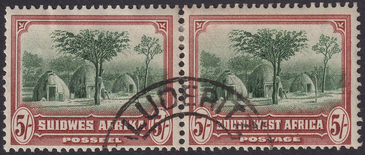 South West Africa 1931 KGV 5sh Sage-Green + Red-Brown Pair Used SG83 c£35 faults