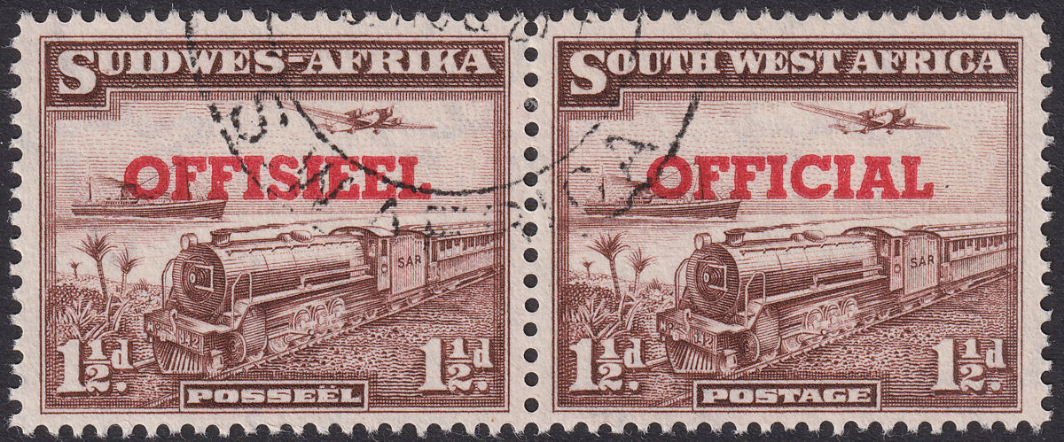 South West Africa 1952 KGVI Official 1½d Purple-Brown Pair Used SG O30 cat £40