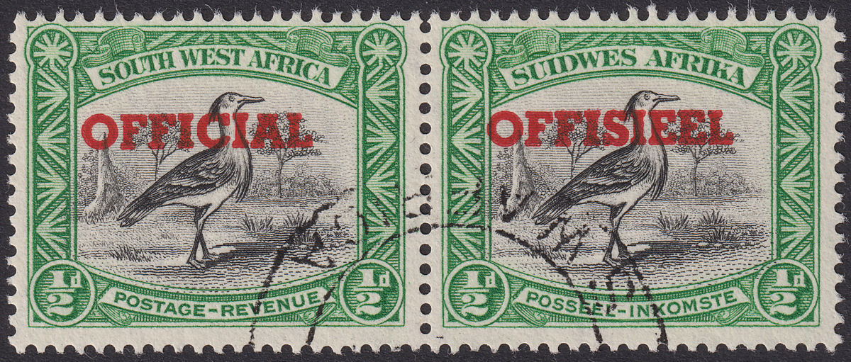 South West Africa 1952 KGVI Official ½d Black and Emerald Pair Used SG O28