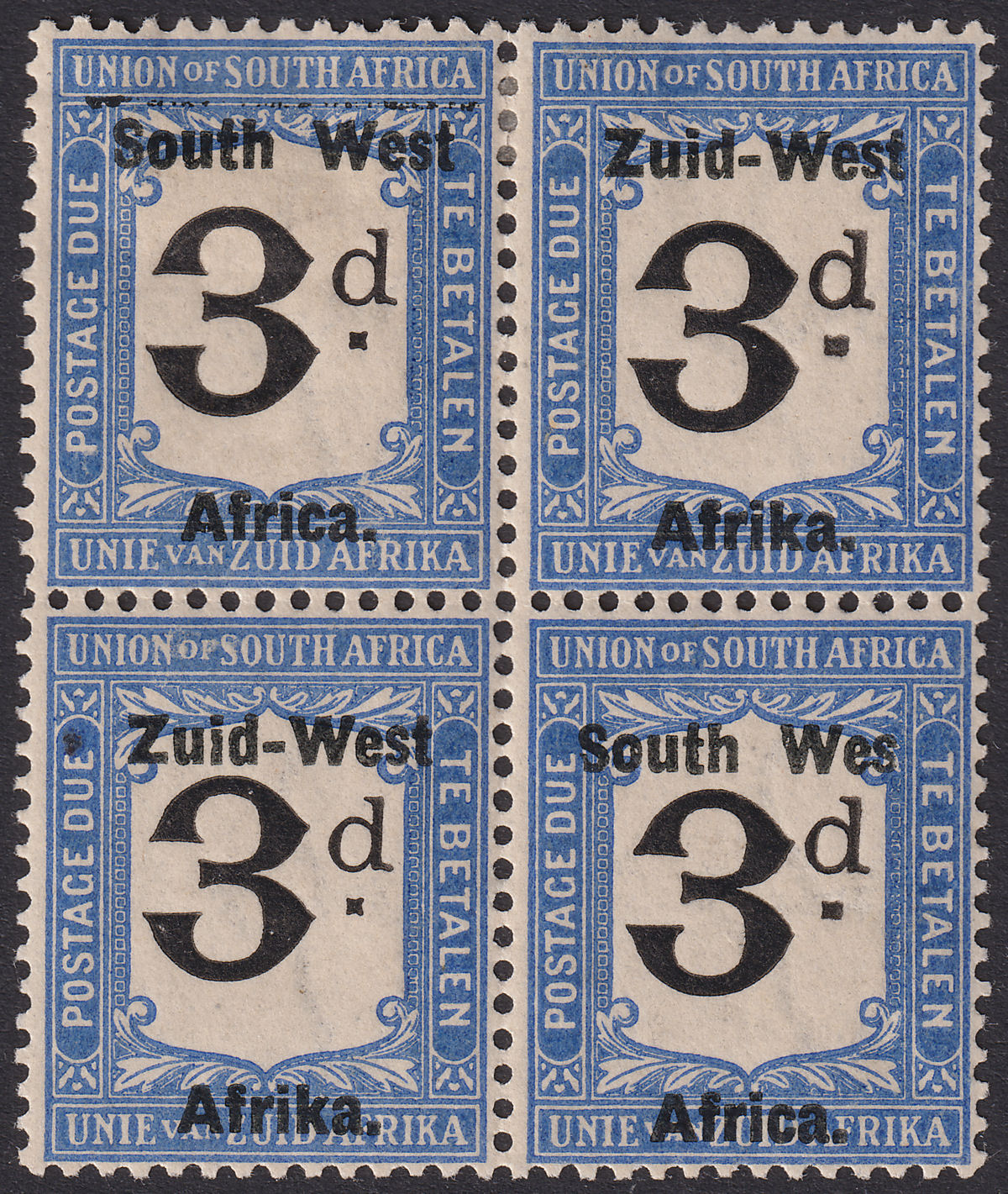 South West Africa 1923 KGV Postage Due 3d Block w Wes Variety Mint SG D4a c£200
