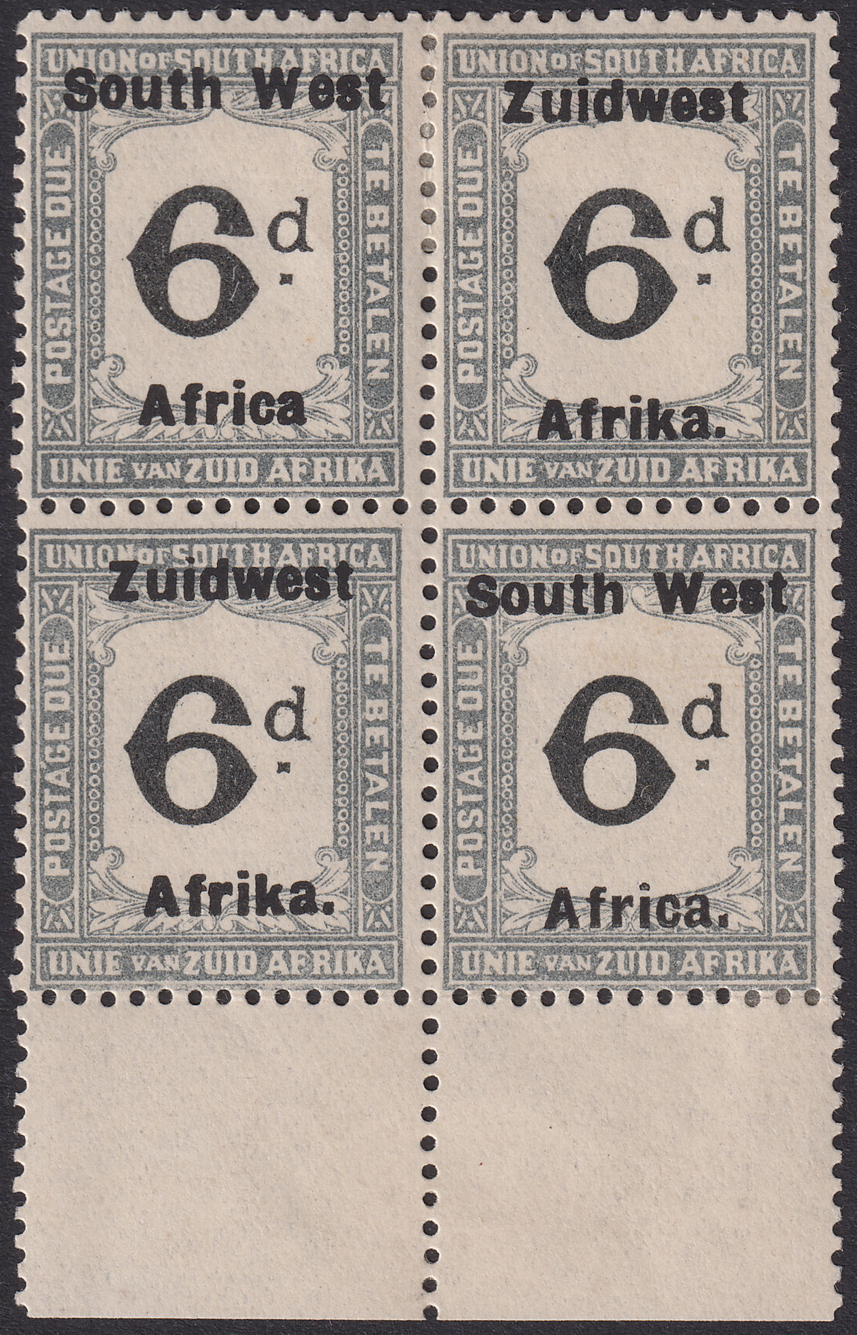 South West Africa 1924 KGV Postage Due 6d Block w No Stop Var Mint SG D20a c£130