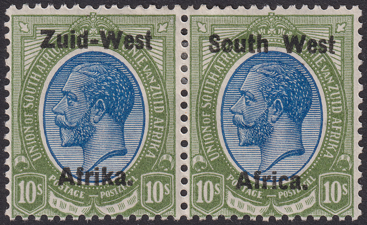 South West Africa 1923 KGV Zuid-West 14mm Overprint 10sh Pair Mint SG11 c£1600