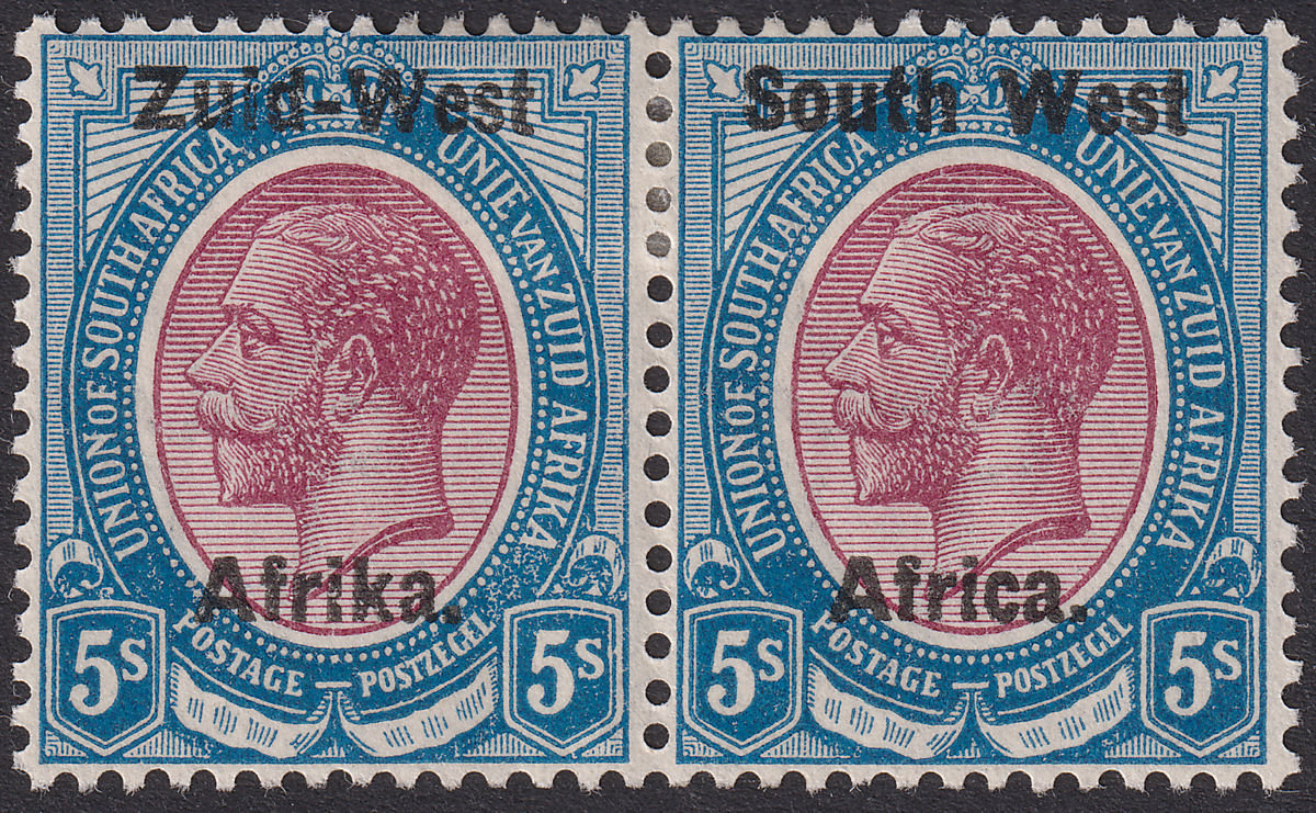 South West Africa 1923 KGV Zuid-West 14mm Overprint 5sh Pair Mint SG10 cat £250