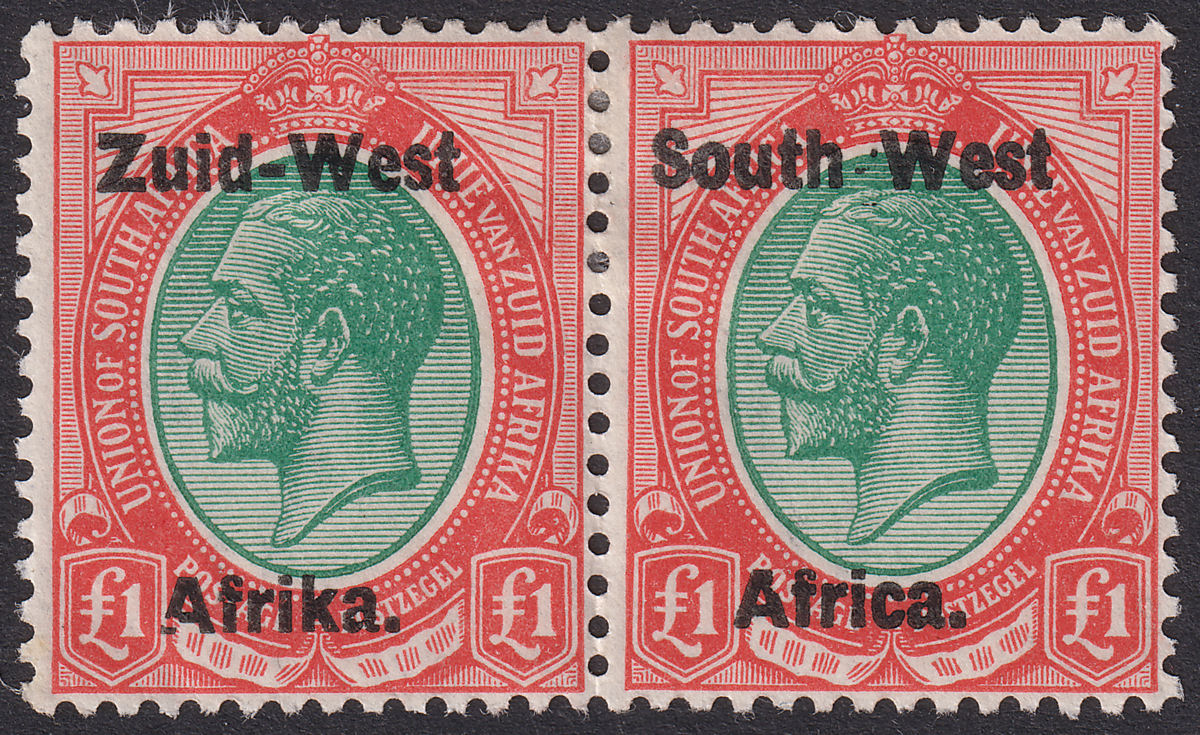 South West Africa 1923 KGV Zuid-West 14mm Overprint £1 Pair Mint SG12 c£900 THIN