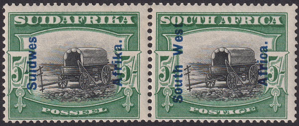 South West Africa 1927 KGV Overprint 5sh Black and Green Pair Mint SG53 cat £75