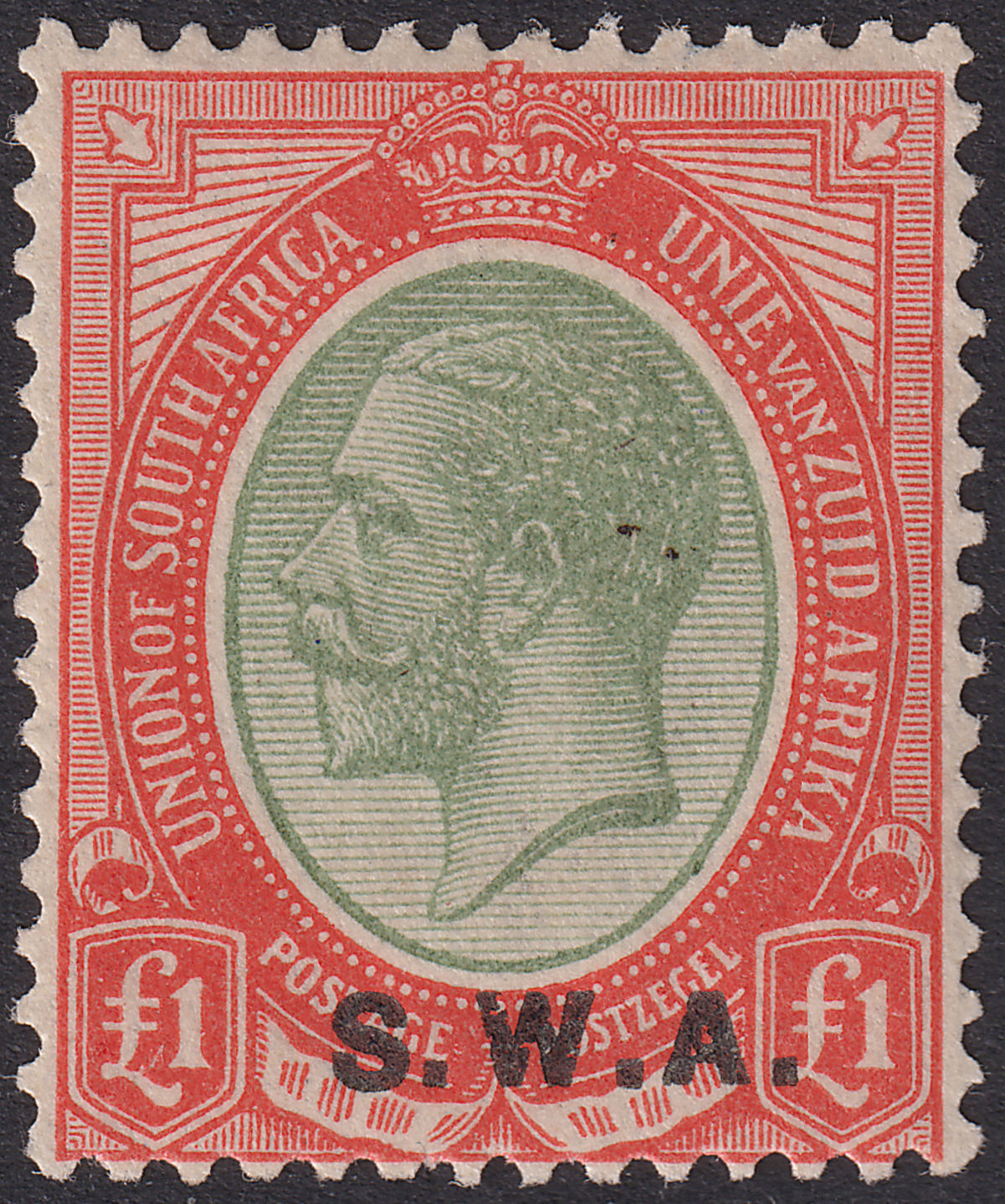 South West Africa 1927 KGV SWA Opt £1 Pale Olive-Green & Red Mint SG57 cat £130