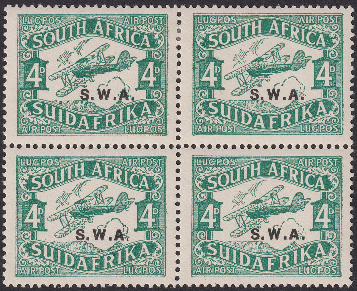 South West Africa 1930 KGV Airmail 4d Block w Short I in AIR Variety Mint SG72v