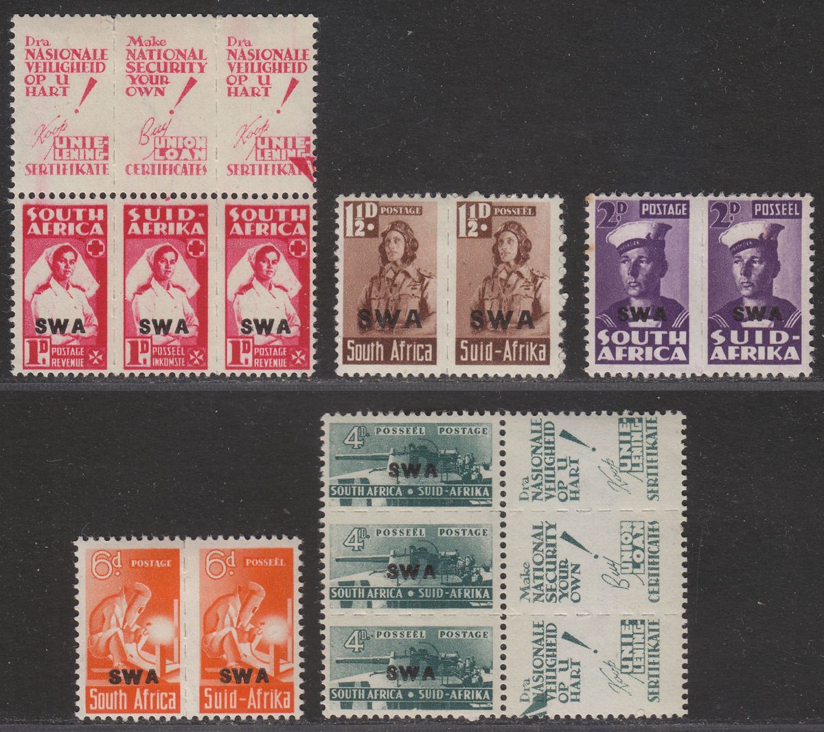 South West Africa 1943 KGVI War Effort Reduced Size Opt Part Set to 6d Mint