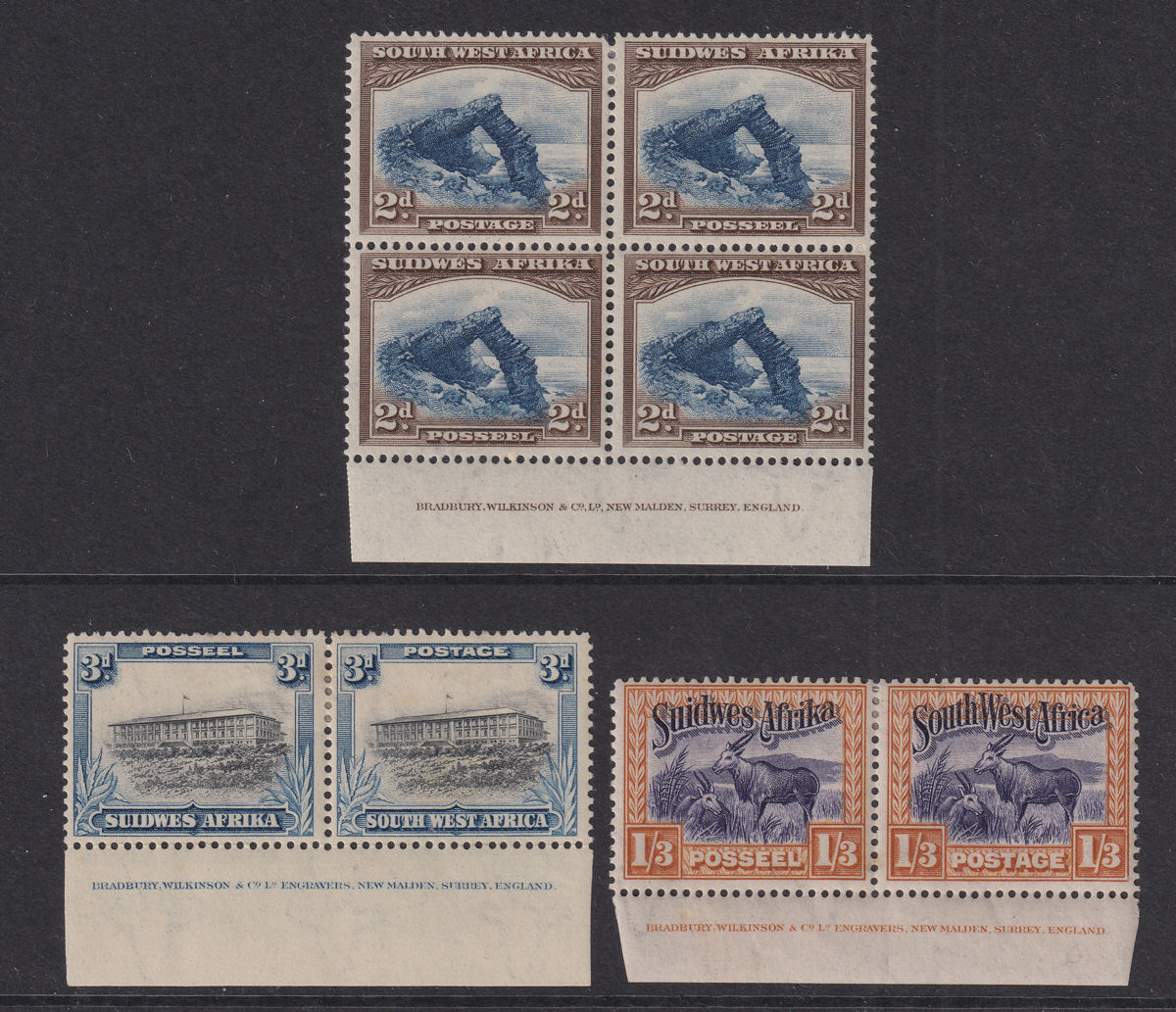 South West Africa 1931 KGV 2d, 3d, 1sh3d Imprint Block/Pairs Mint