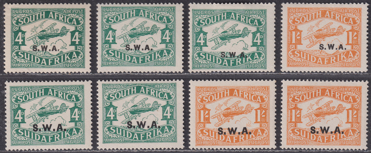 South West Africa 1930 KGV Airmail 4d Green, 1sh Orange Overprint Selection Mint