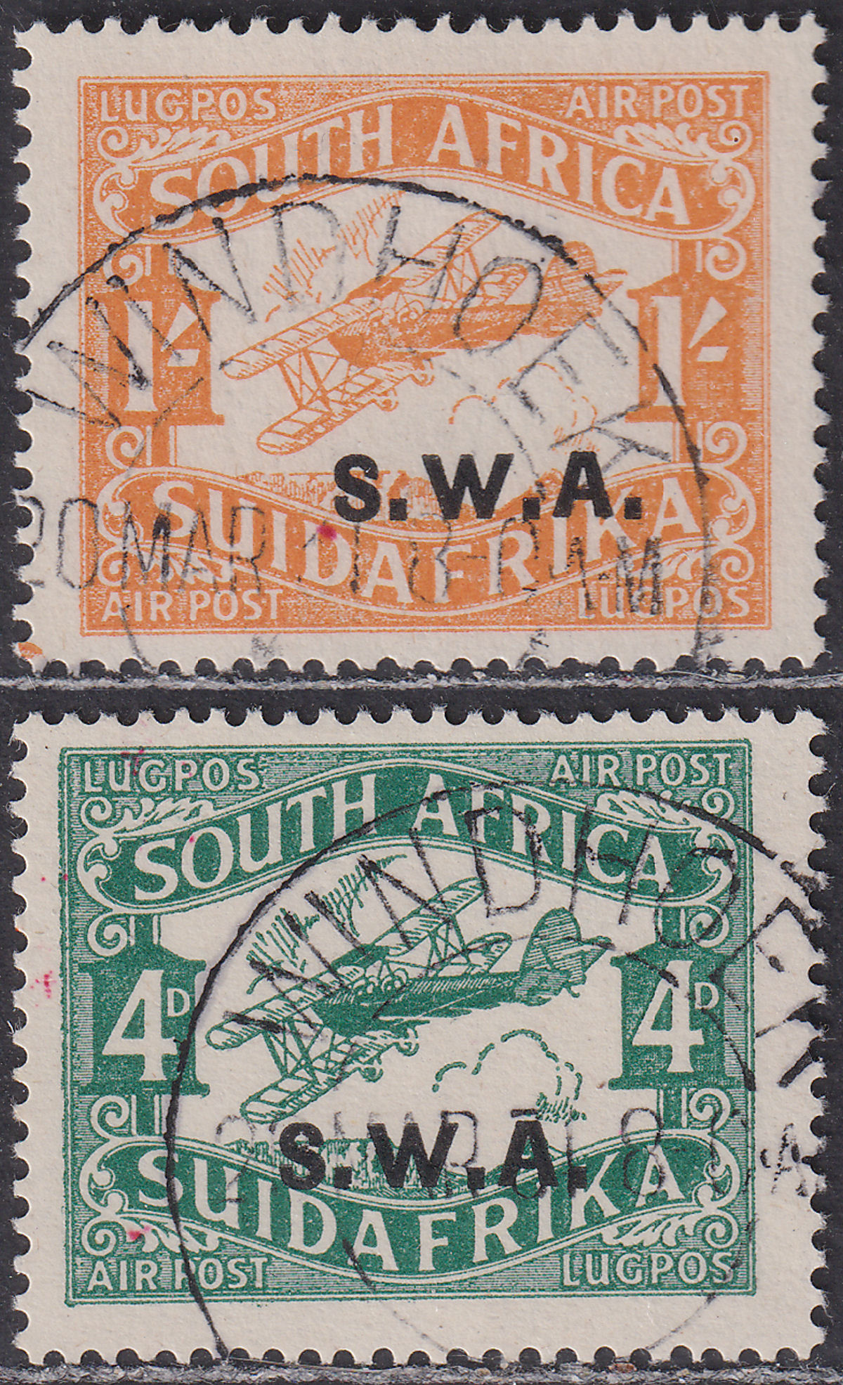 South West Africa 1930 KGV Airmail 4d Green, 1sh Orange Overprint Used SG72-73