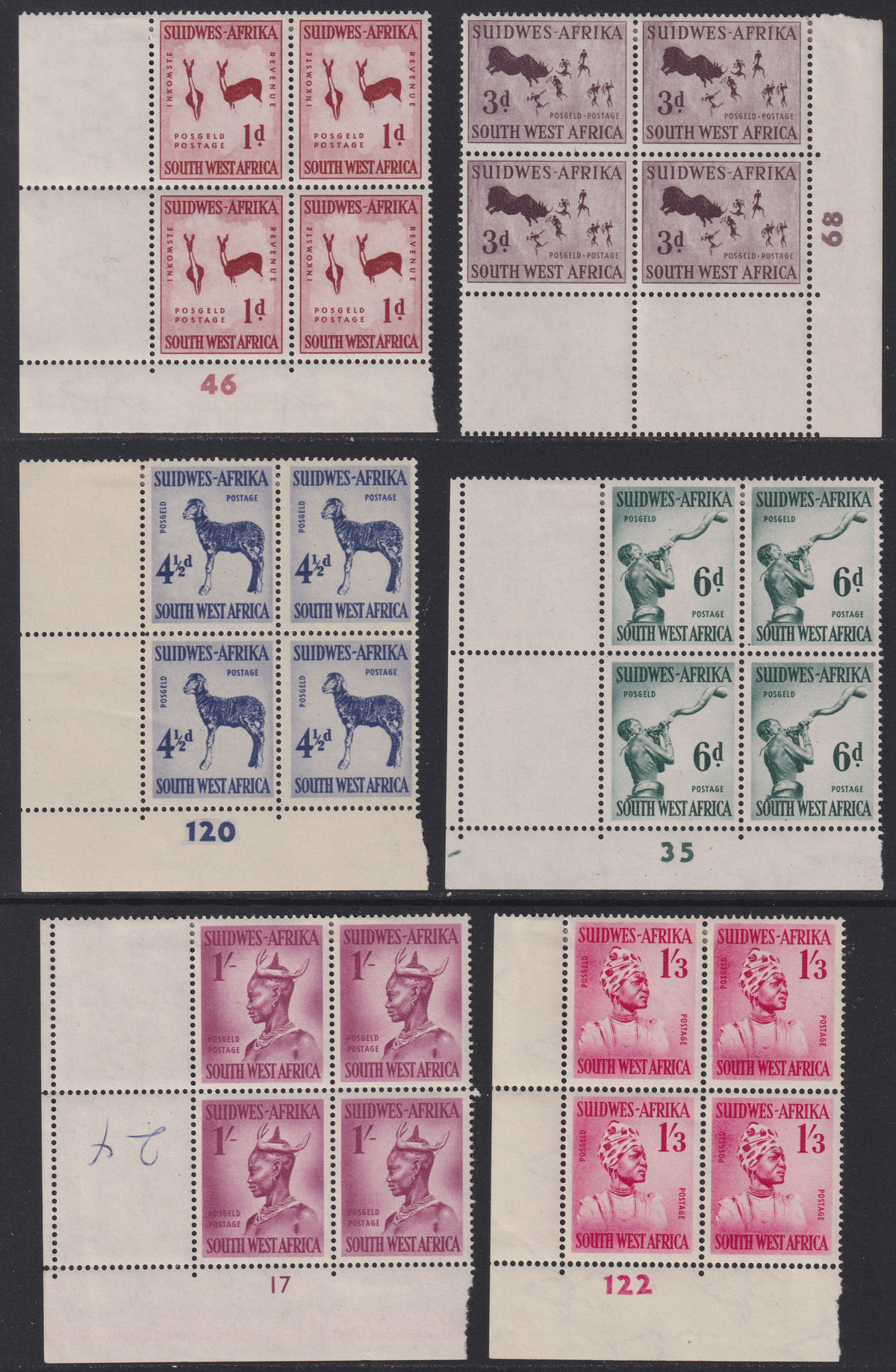 South West Africa 1954 QEII Definitives Part Plate Number Block Set to 5sh Mint 