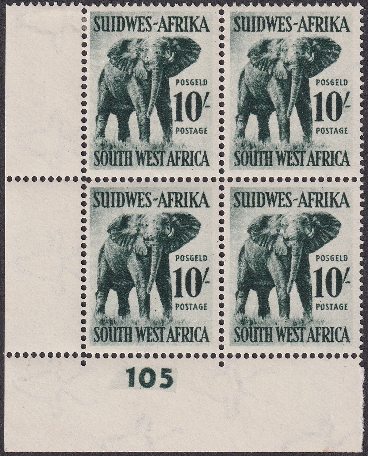 South West Africa 1954 QEII Elephant 10sh Dp Myrtle-Grn Block Mint SG165 cat£160
