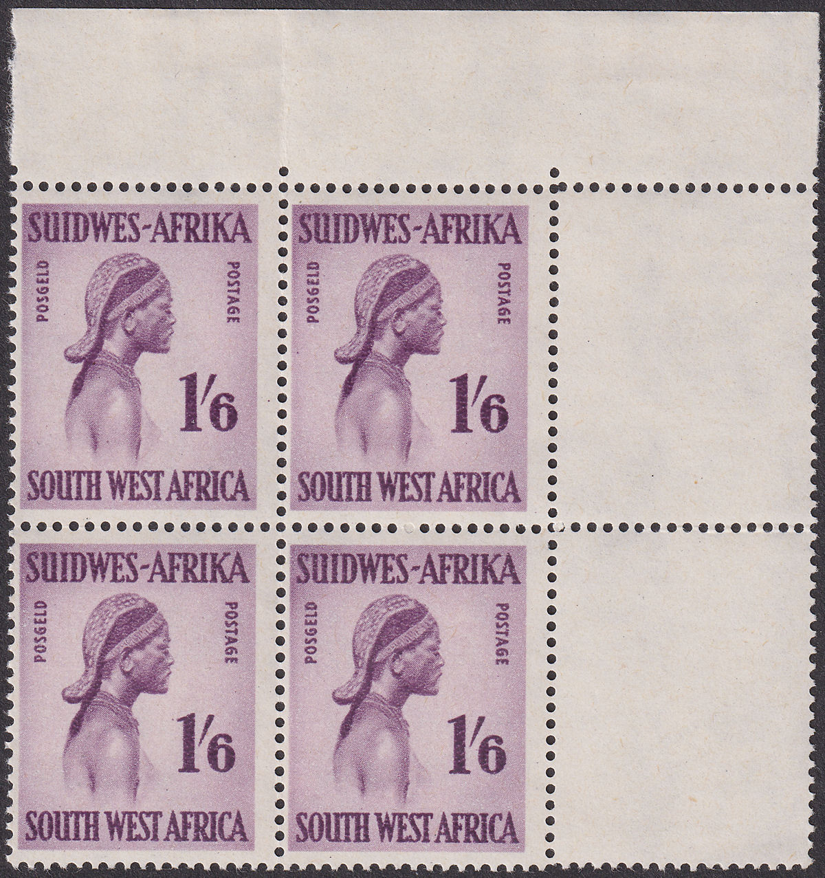 South West Africa 1960 QEII Ovambo Girl 1sh6d Purple Block Mint SG170 cat £180