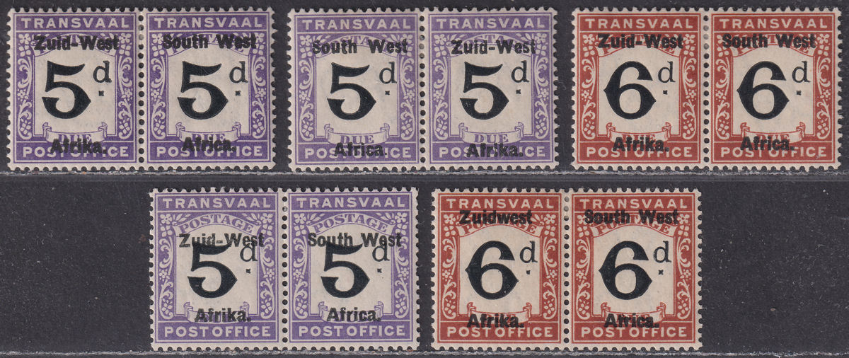 South West Africa 1923 KGV Postage Due Transvaal Opt 5d, 6d Pairs Selection Mint