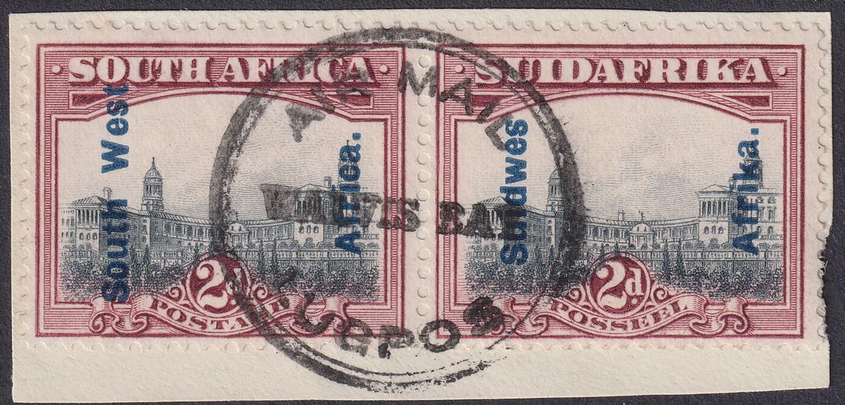 South West Africa 1927 KGV Overprint 2d Pair Used SG49 with WALVIS BAY Postmark