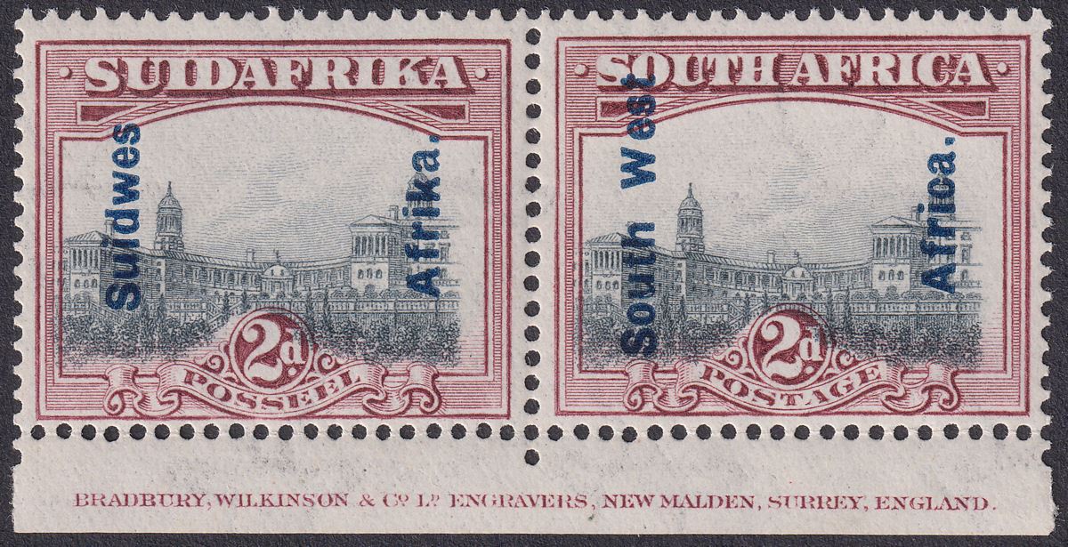 South West Africa 1927 KGV Overprint 2d Grey and Purple Imprint Pair Mint SG49