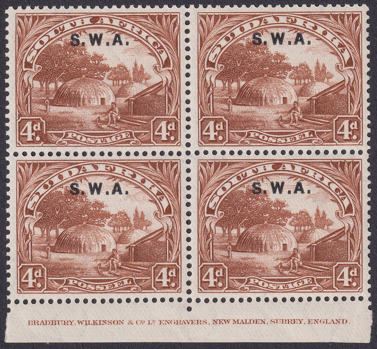 South West Africa 1928 KGV Overprint 4d Brown Imprint Block Mint SG62 cat £24+
