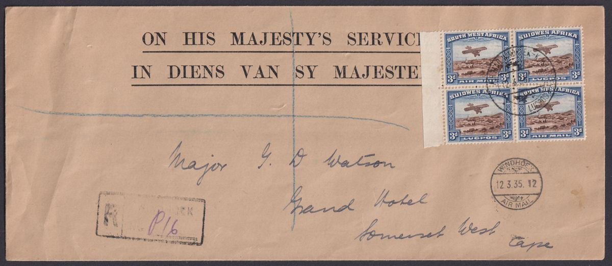South West Africa 1935 KGV Airmail 3d x4 OHMS Cover Windhoek-Kimberley cat £80