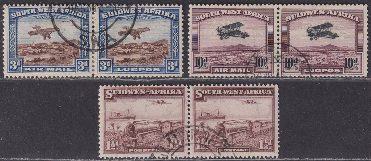 South West Africa 1931-37 KGVI Airmail 3d, 10d, Mail Train 1½d Used SG86-87 SG96