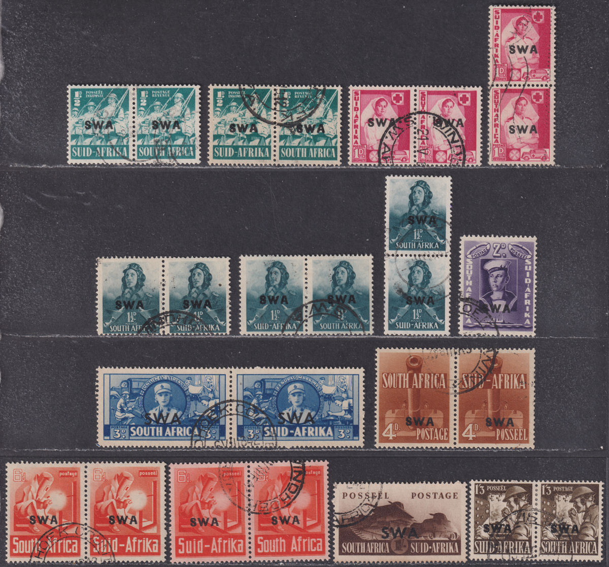 South West Africa 1941-43 KGVI War Effort Overprint Set Used SG114-122 cat £90