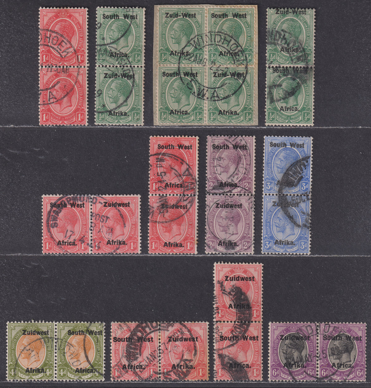 South West Africa 1923-26 KGV Overprint Pairs Selection to 6d Used