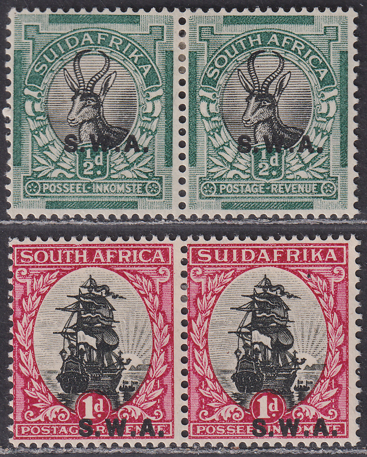South West Africa 1930-31 KGV Roto ½d and 1d Opt Pairs Mint SG68-69 cat £43