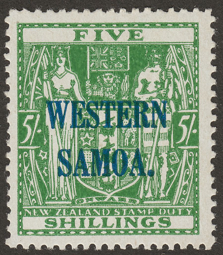 Samoa 1942 KGVI Postal Fiscal 5sh Green on Wiggins Teape Paper Mint SG194a